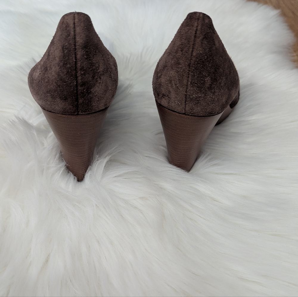 Cole Haan Jaynie Wedge Heel Dark Brown Suede With Lace Accents - Picture 4 of 6